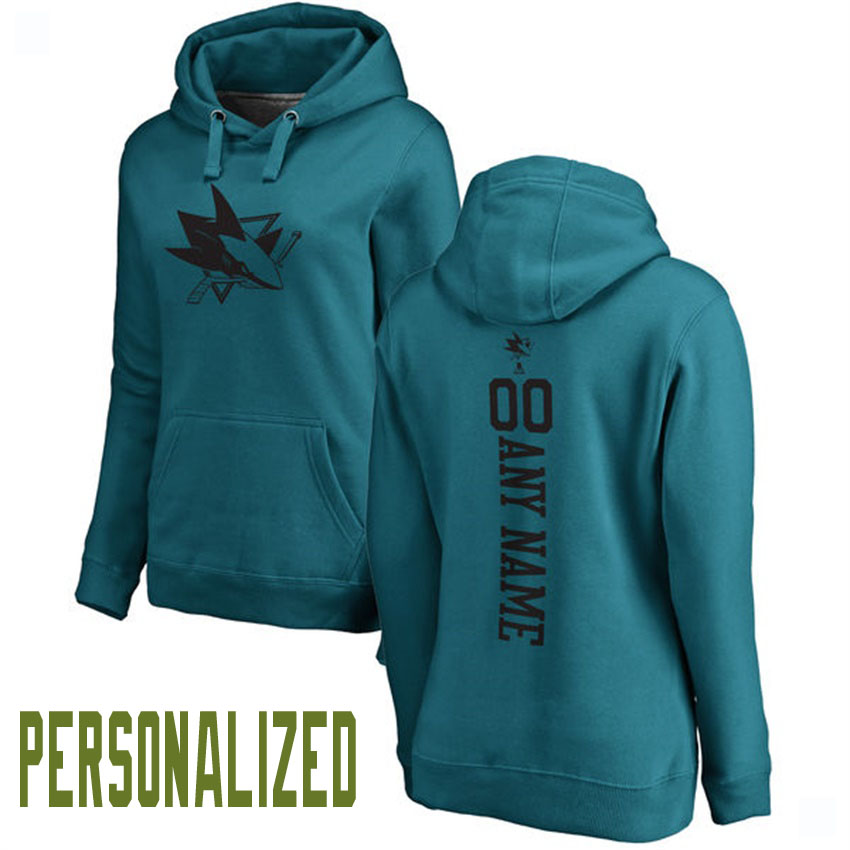 Women NHL San Jose Sharks Teal Personalized One Color Backer Pullover Hoodie