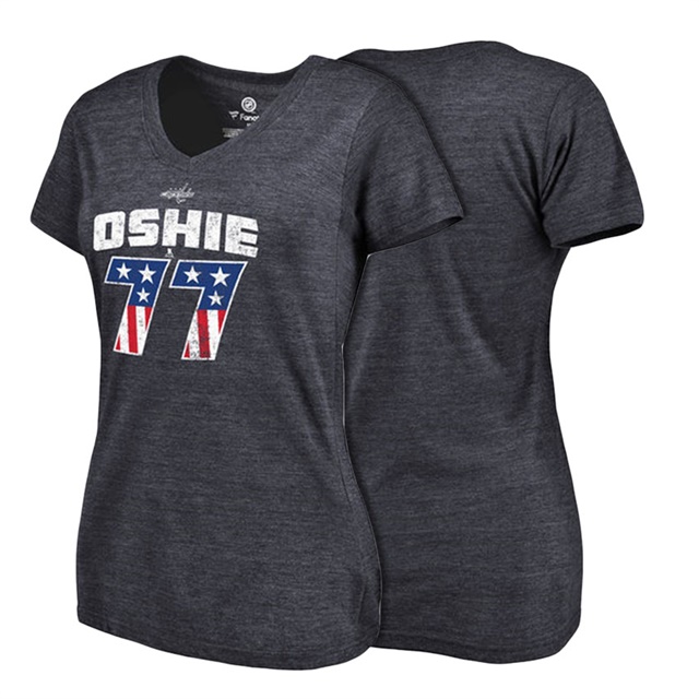 Women Capitals TJ Oshie #77 Navy Player Spangled Slim- Fit T-shirt