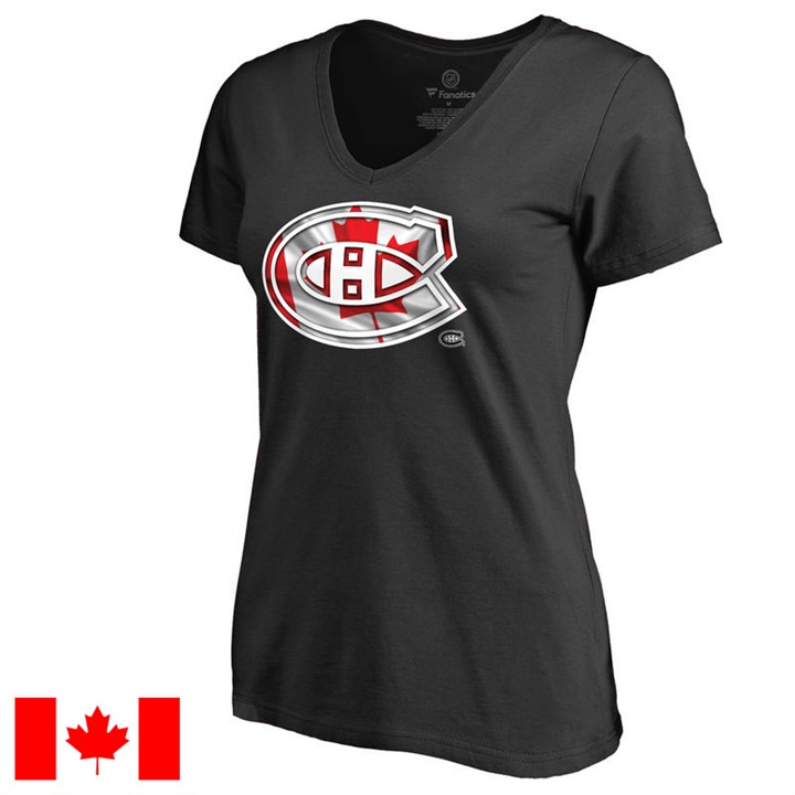 Women's Montreal Black Canada Wave Slim Fit Canada Day T-Shirt