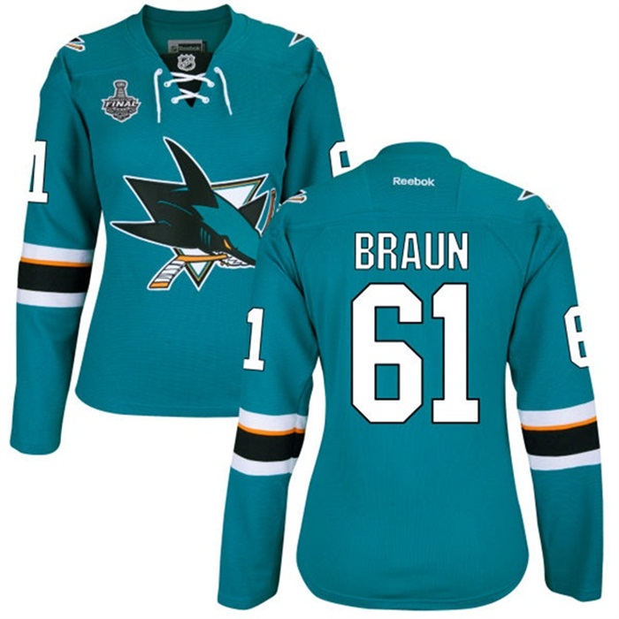 Women's Justin Braun San Jose Sharks #61 2016 Stanley Cup Teal Home Jersey