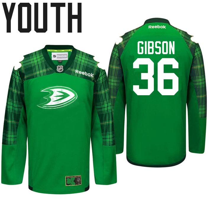 Youth Ducks John Gibson #36 Green Celebrate St. Patrick Day Jersey