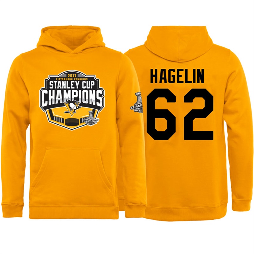 NHL Youth Pittsburgh Penguins Carl Hagelin #62 Gold 2017 Stanley Cup Champs Pullover Hoodie