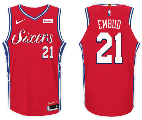 Men 76ers Joel Embiid #21 2017 18 Statement Red Jersey