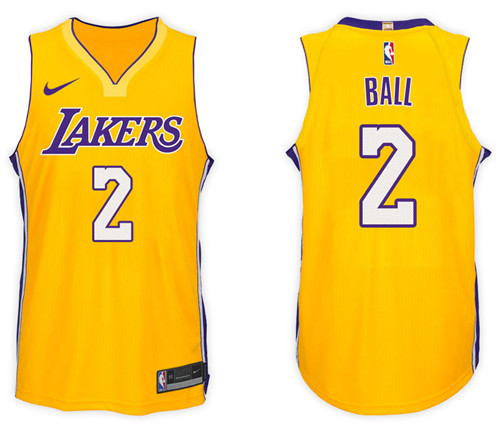 Men Lakers Lonzo Ball #2 NBA 2017 18 New Season Gold Jersey