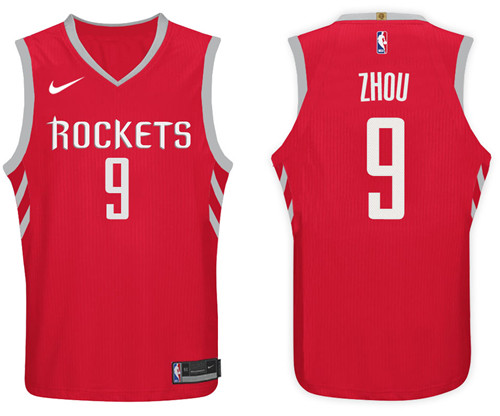 Men Rockets Zhou Qi #9 NBA 2017 18 New Season Red Jersey