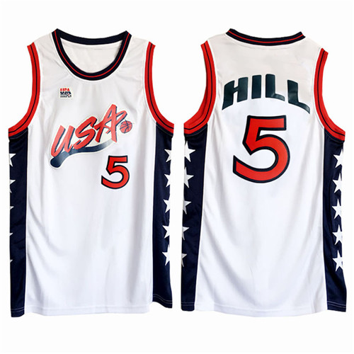 Men USA Grant Hill #5 1996 Atalanta Olympics USA Dream Team White Jersey