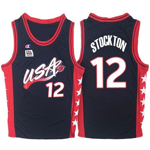 Men USA John Stockton #12 1996 Atalanta Olympics USA Dream Team Navy Jersey